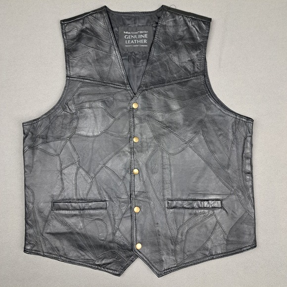Black Leather Biker Vest Mens Large Snap Button Relaxed‎ Stitching Motorcycle EC - Picture 8 of 8